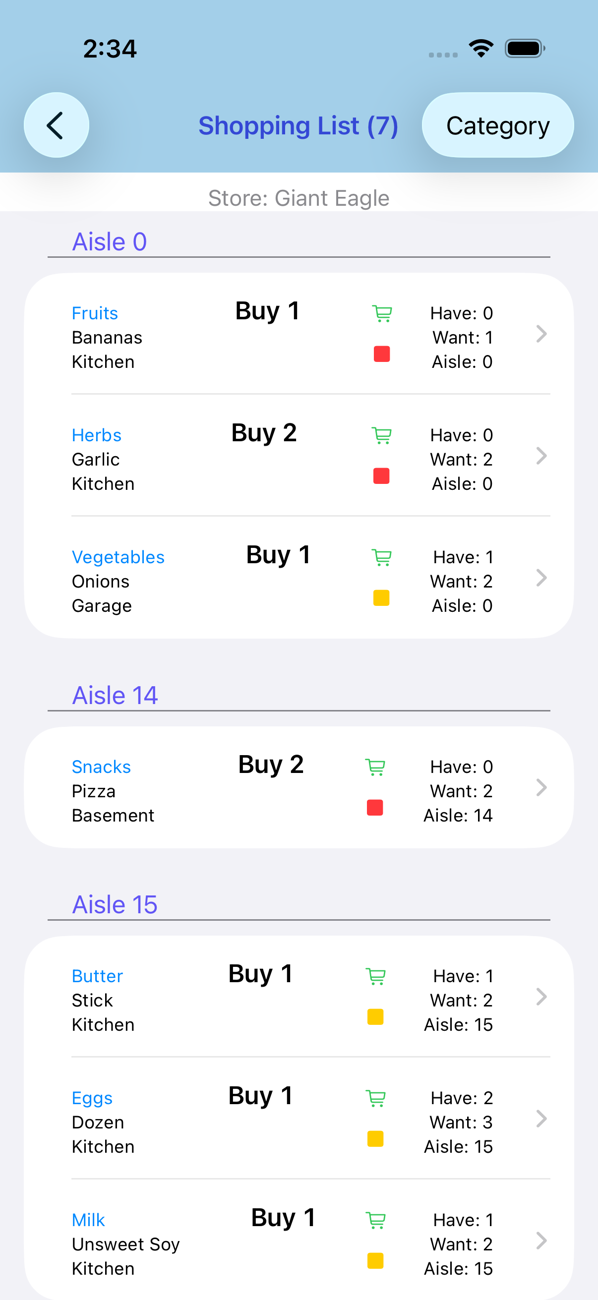 Shopping list by aisle